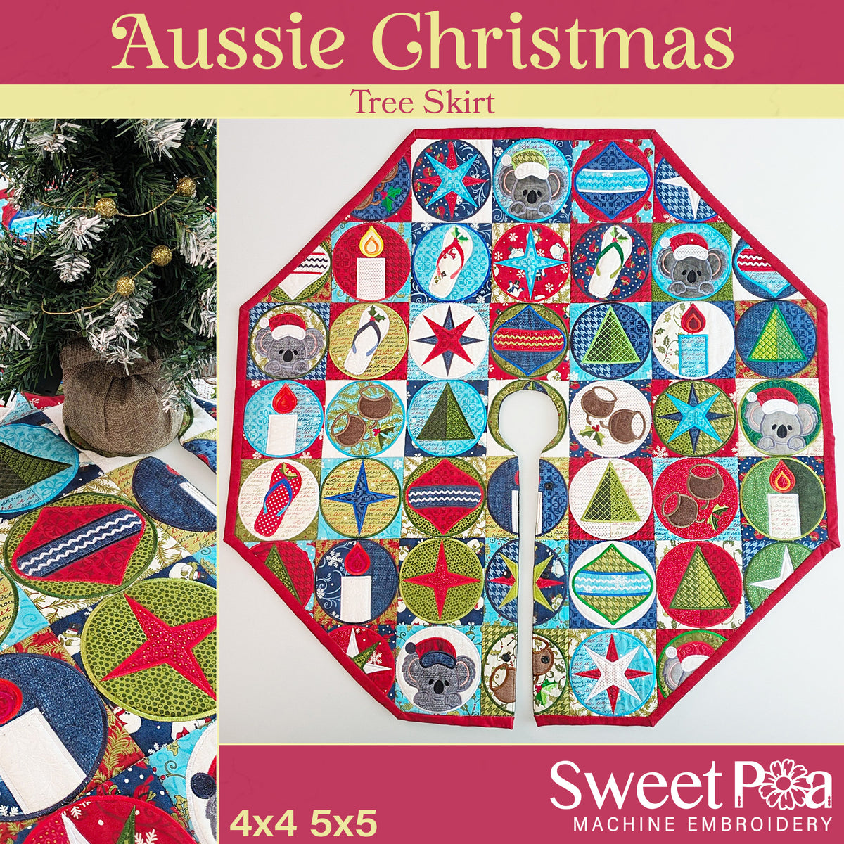 Aussie Christmas Tree Skirt In the hoop machine embroidery designs