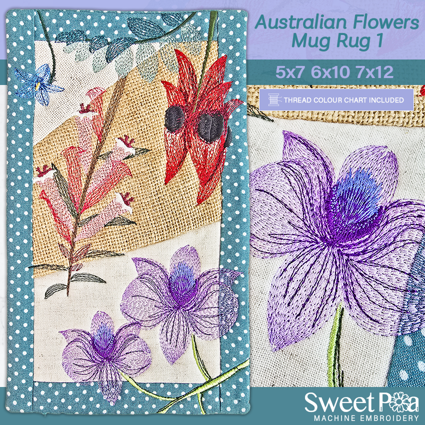 Australian Flowers Mug Rug # 1 In the hoop machine embroidery designs