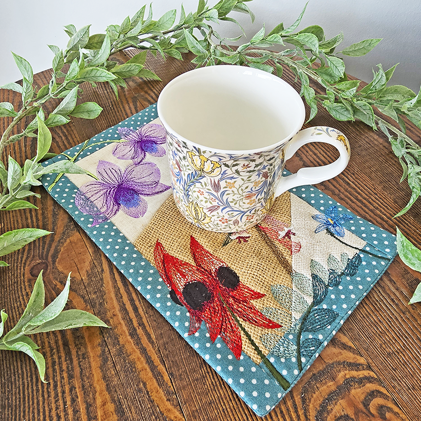 Australian Flowers Mug Rug # 1 In the hoop machine embroidery designs