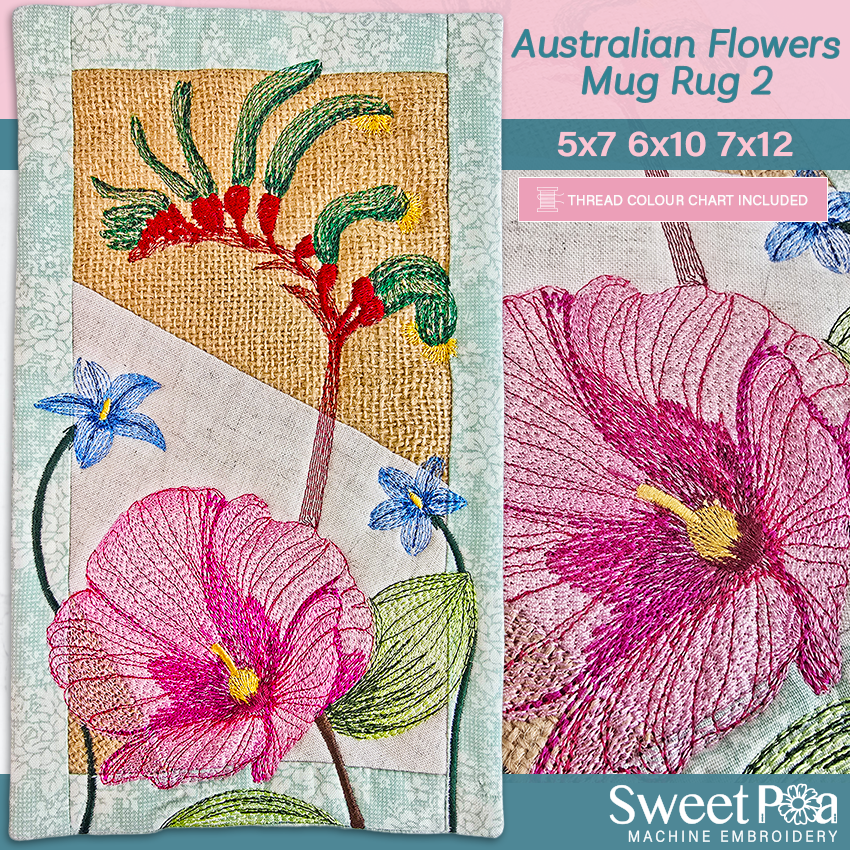 Australian Flowers Mug Rug # 2 In the hoop machine embroidery designs