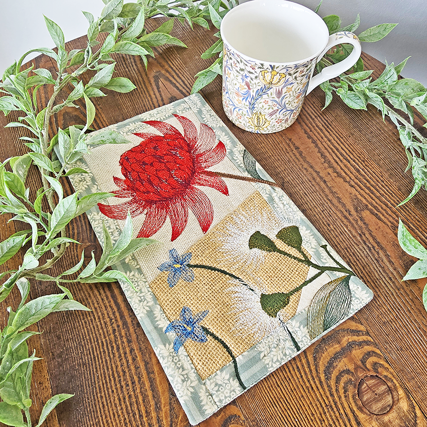 Australian Flowers Mug Rug # 3 In the hoop machine embroidery designs