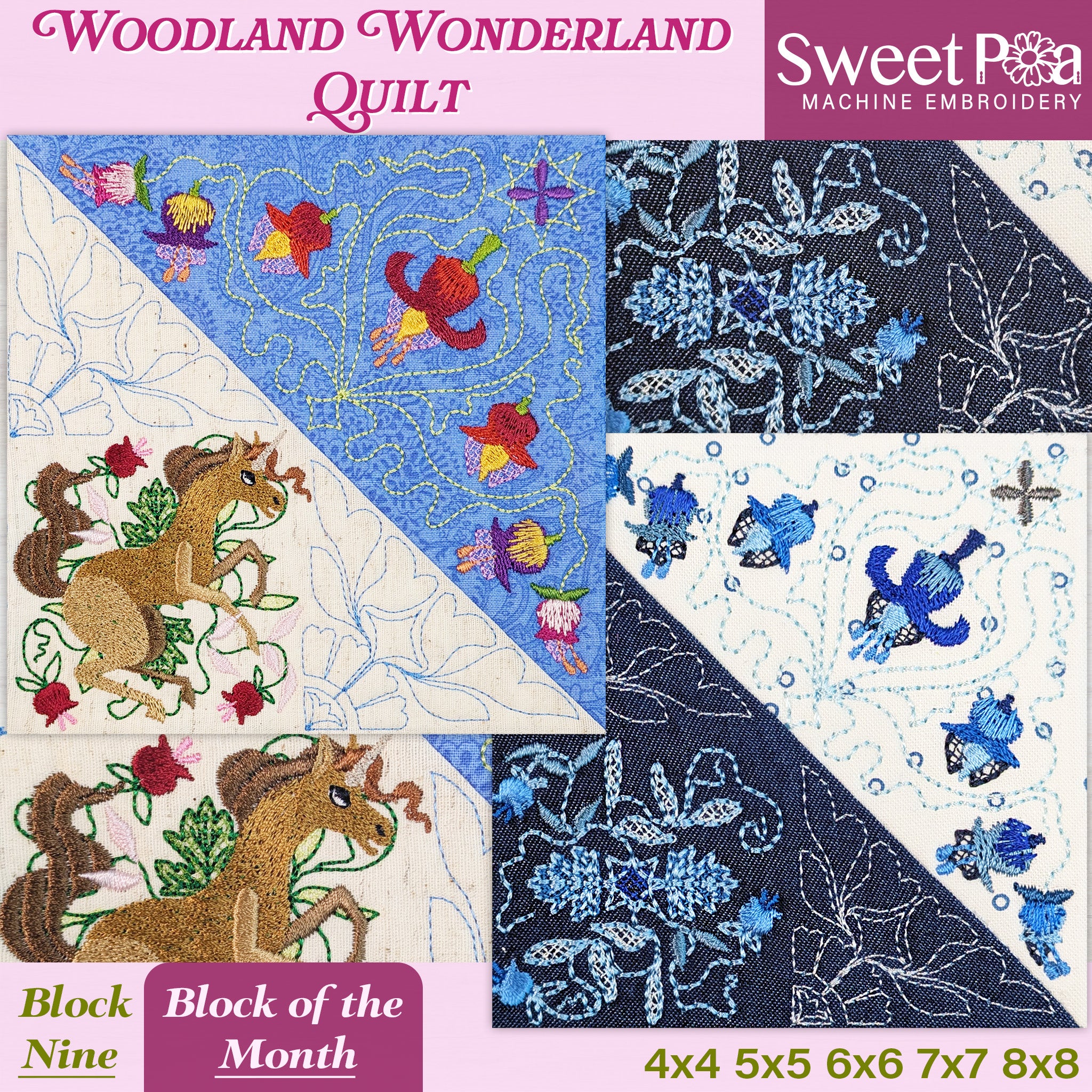 Promotional graphic for the Woodland Wonderland Quilt by Sweet Pea Machine Embroidery, Block Nine