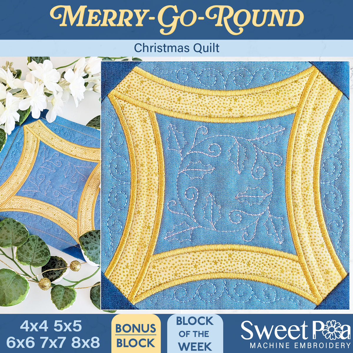 Merry-Go-Round Christmas Quilt - Bonus Block In the hoop machine embroidery designs