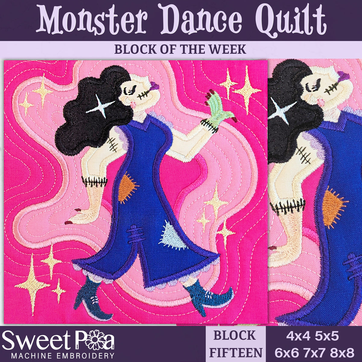 BOW Monster Dance Quilt - Block 15 In the hoop machine embroidery designs