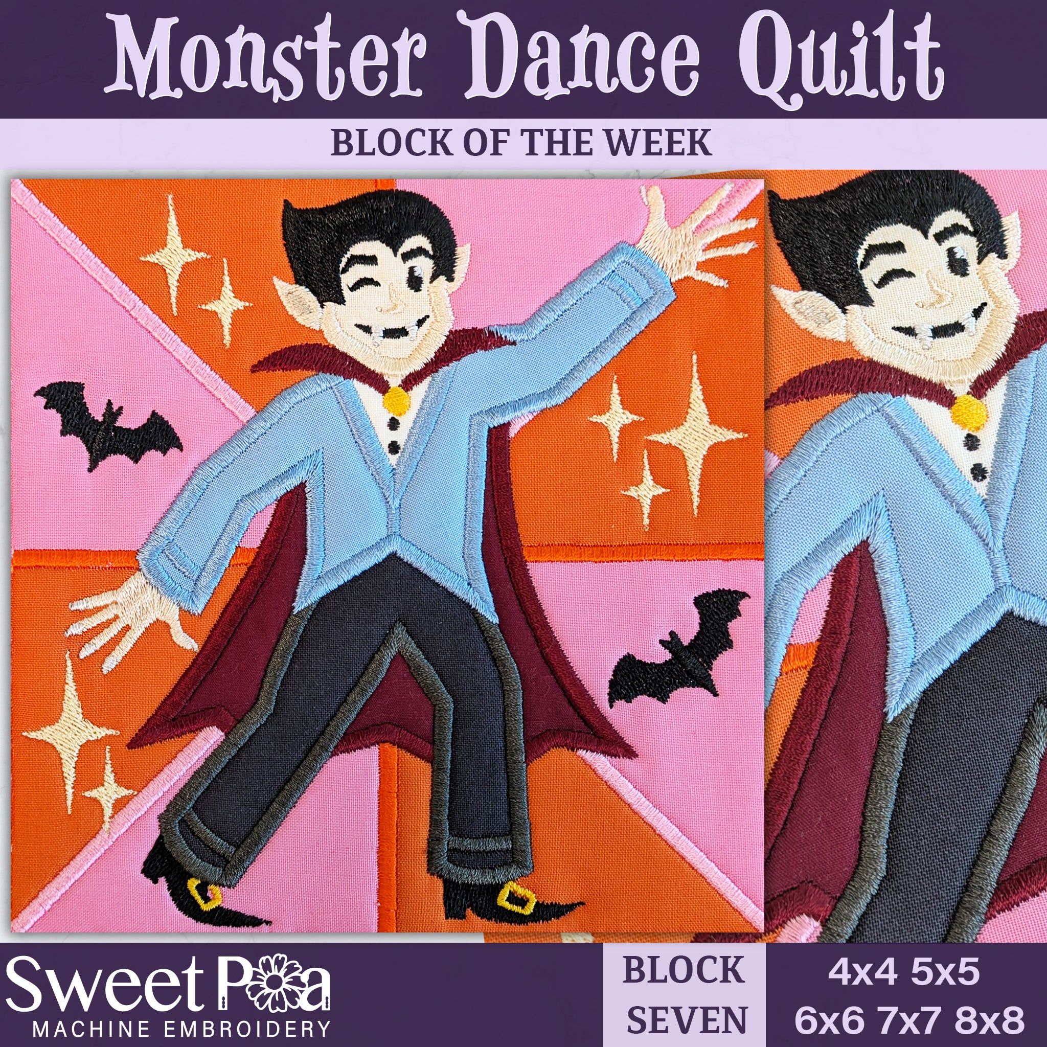 BOW Monster Dance Quilt - Block 7 In the hoop machine embroidery designs