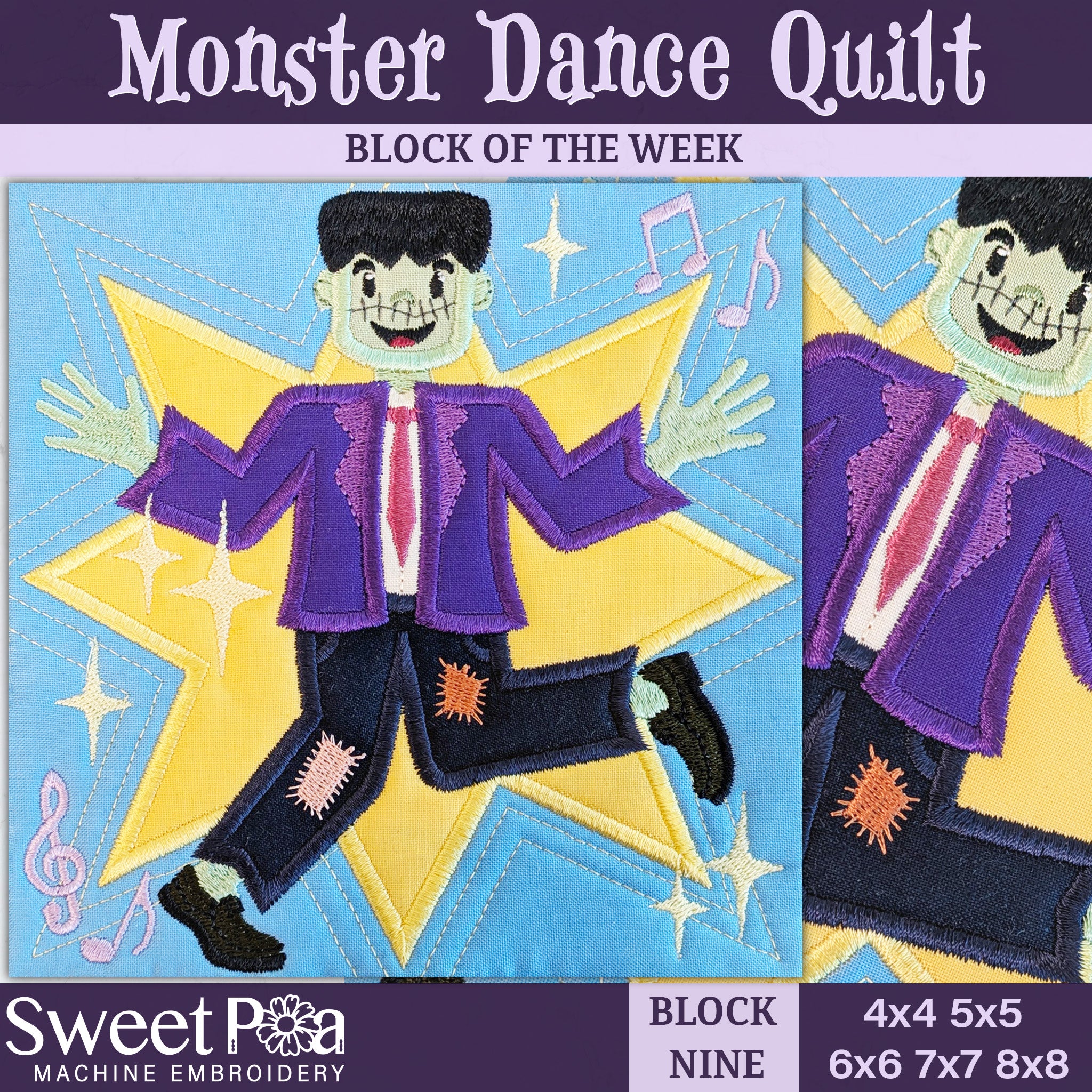 BOW Monster Dance Quilt - Block 9 In the hoop machine embroidery designs