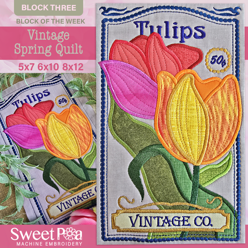 BOW Vintage Spring Quilt - Block 3 In the hoop machine embroidery designs