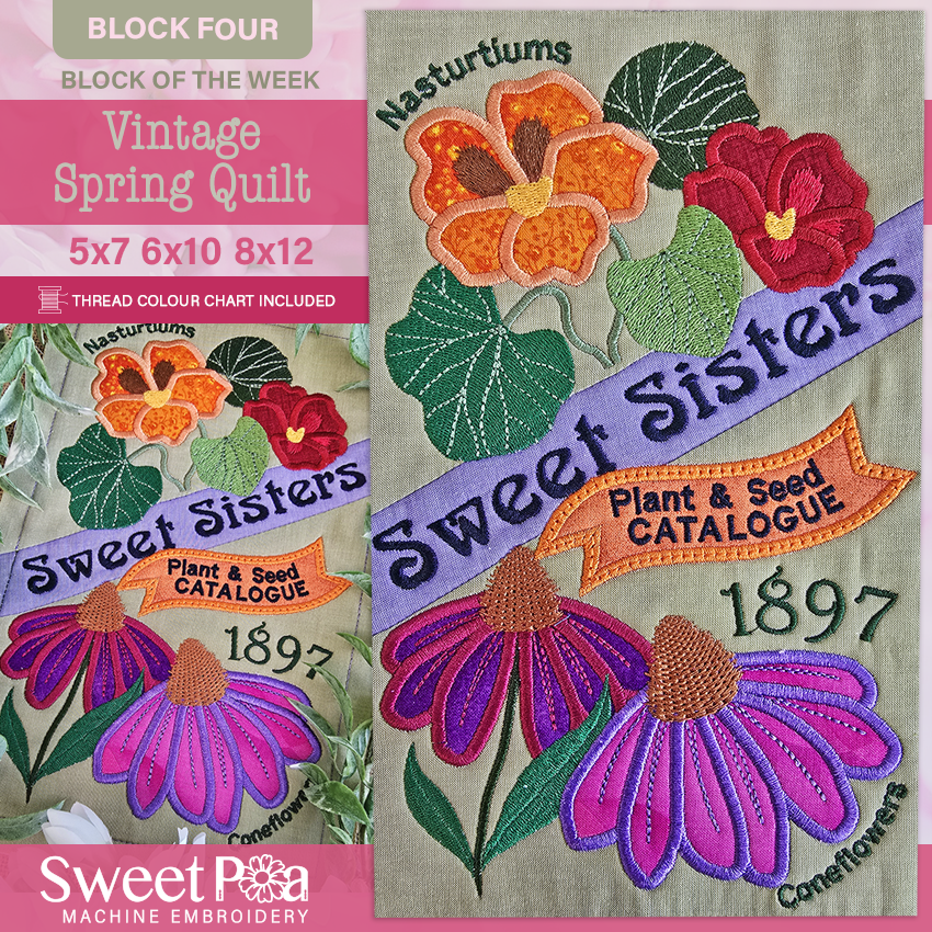 BOW Vintage Spring Quilt - Block 4 In the hoop machine embroidery designs