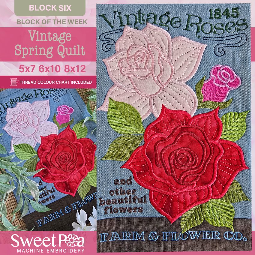 BOW Vintage Spring Quilt - Block 6 In the hoop machine embroidery designs