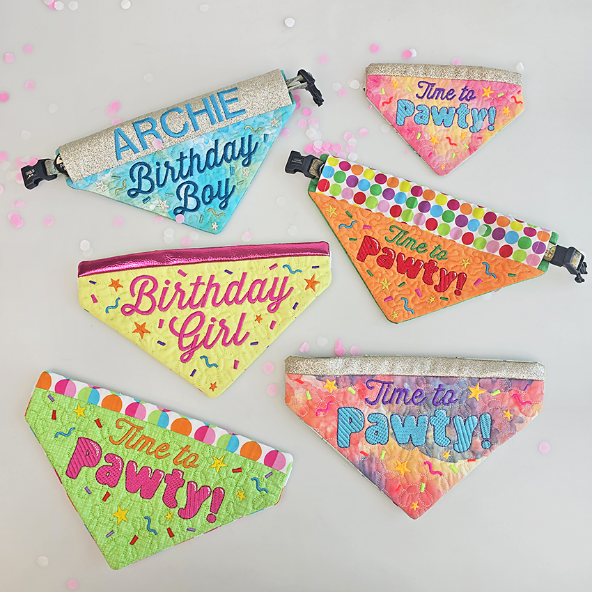 Colorful ITH pet bandanas with party phrases