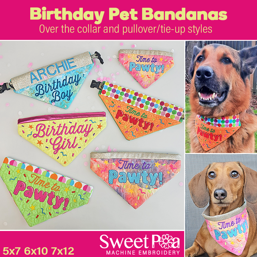 Birthday pet bandanas with text and images of dogs wearing them, featuring Sweet Pea Machine Embroidery branding.