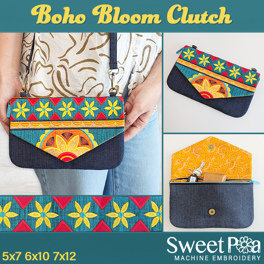 Boho Bloom Clutch In the hoop machine embroidery designs