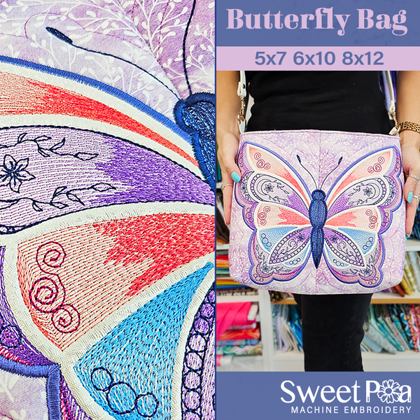 Butterfly Bag 5x7 6x10 8x12 - Sweet Pea In The Hoop Machine Embroidery Design