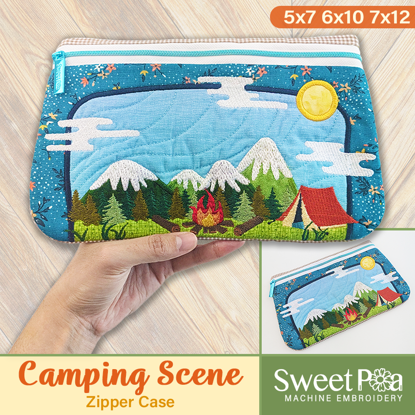 A hand holding a zipper case with a camping scene machine embroidery for 5x7, 6x10, 7x12