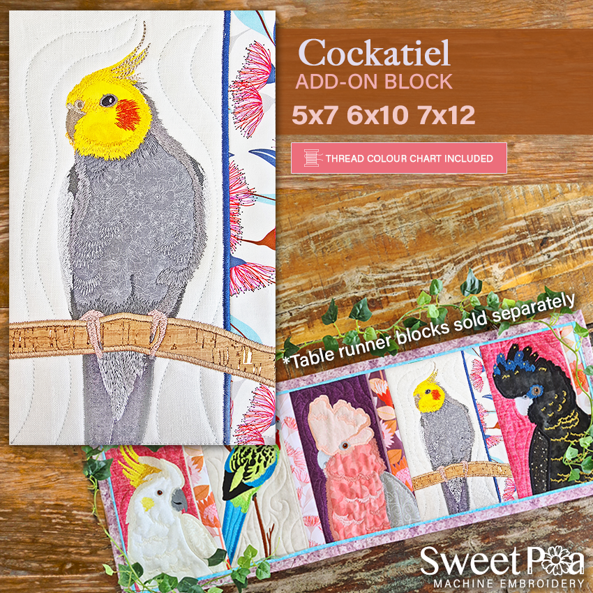 Australian Cockatiel Add-On Block In the hoop machine embroidery designs