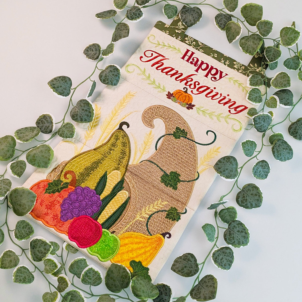cornucopia ith hanger styled with leaves