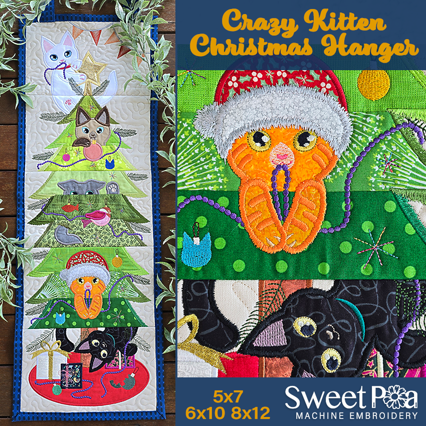 Embroidery design of a Christmas hanger with cats on a green tree, featuring the brand 'Sweet Pea'.
