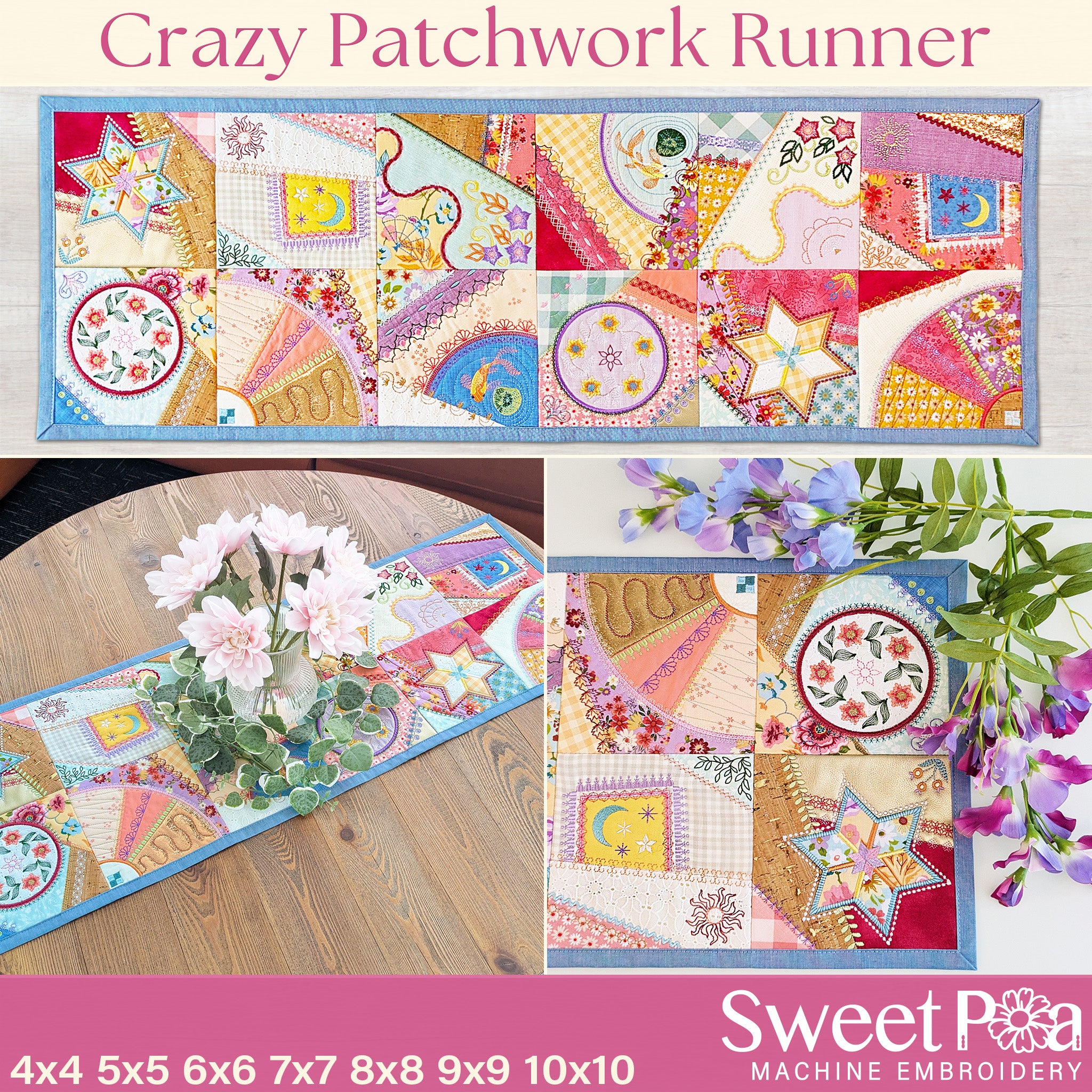 Crazy Patchwork Runner In the hoop machine embroidery designs