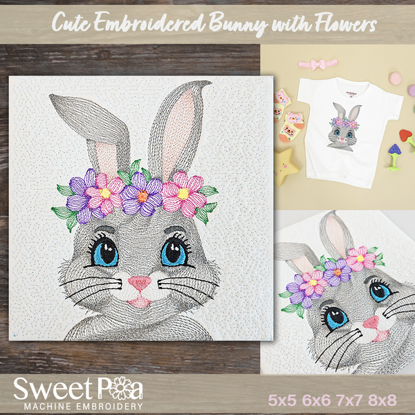 Cute Embroidered Bunny With Flowers 5x5 6x6 7x7 8x8 - Sweet Pea In The Hoop Machine Embroidery Design