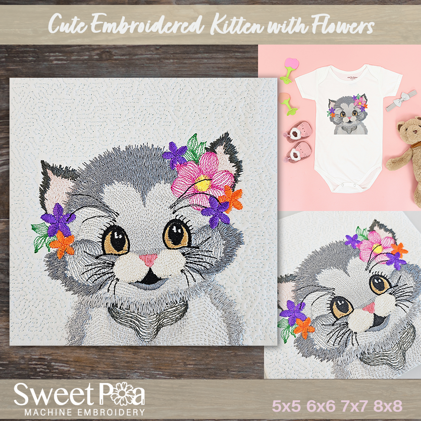 Cute Embroidered Kitten And Flowers Embroidery Design