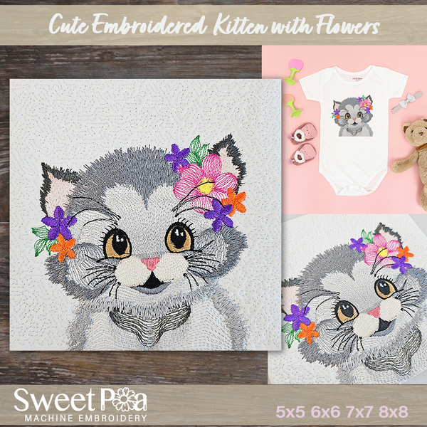 Cute Embroidered Kitten With Flowers 5x5 6x6 7x7 8x8 - Sweet Pea In The Hoop Machine Embroidery Design
