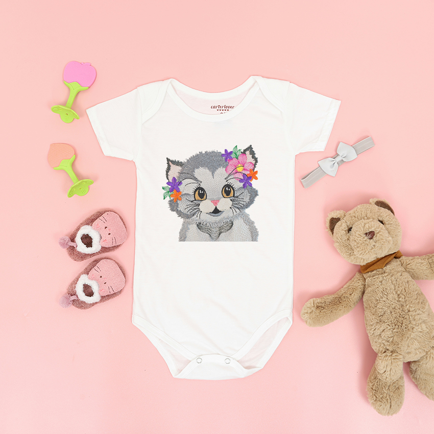 Cute Embroidered Kitten With Flowers