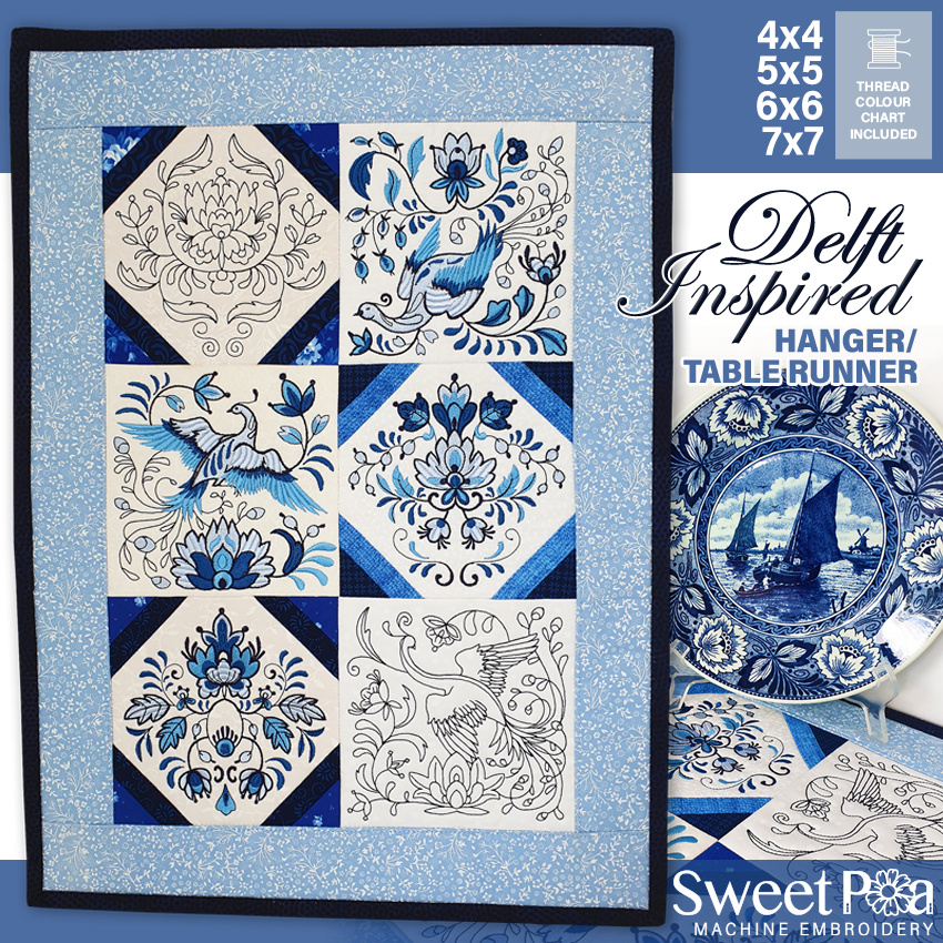 Delft Inspired Table Runner or Hanger In the hoop machine embroidery designs
