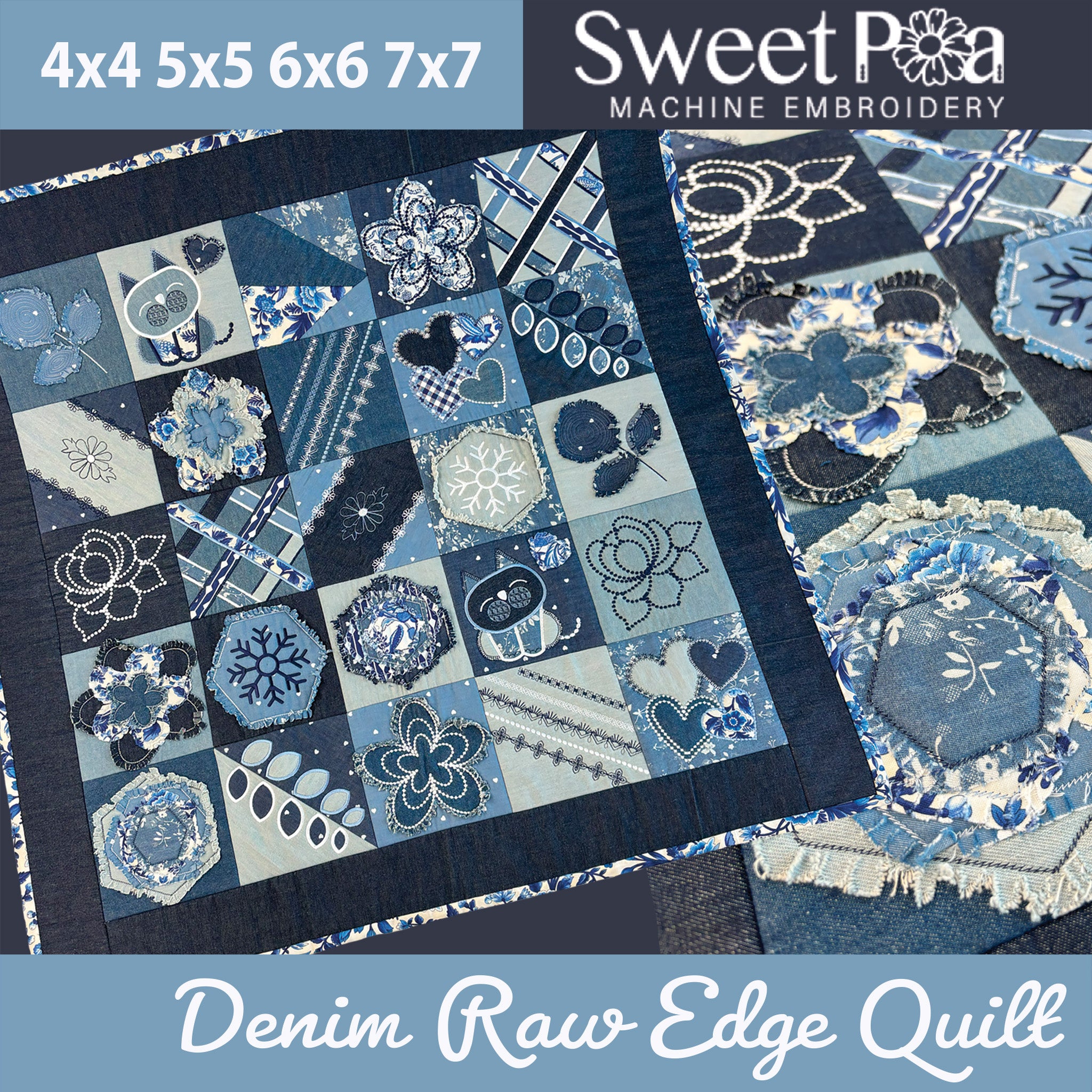 Denim quilt in the hoop machine embroidery design ITH raw edge