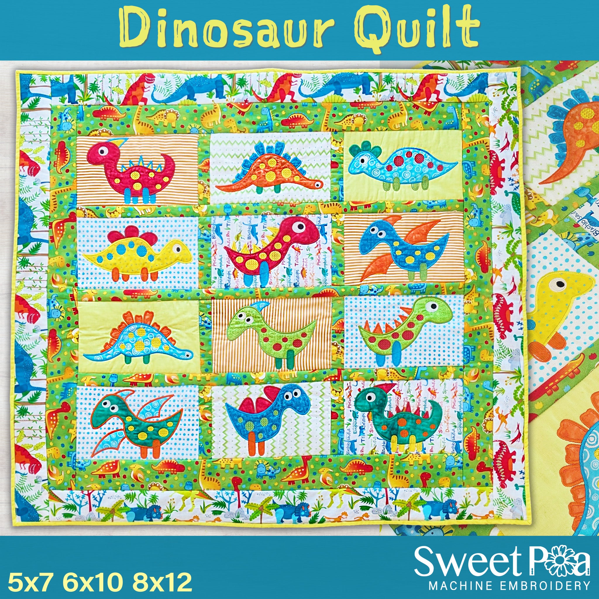 Dinosaur quilt 5x7 6x10 8x12 In the hoop machine embroidery designs
