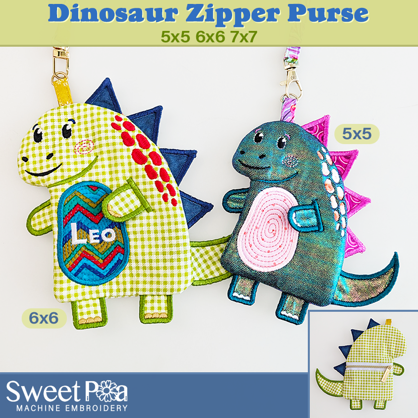 Two dinosaur-shaped zipper purses with 'Leo' embroidered on one, on a white background with Sweet Pea Machine Embroidery branding.