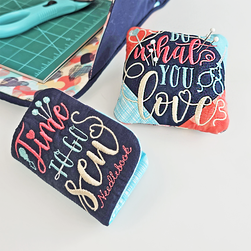 Do What You Love Needle Book and Pin Cushion with motivational phrases on a light background