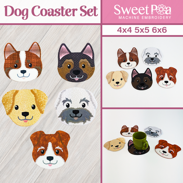 Dog Coaster Set 4x4 5x5 6x6 - Sweet Pea In The Hoop Machine Embroidery Design