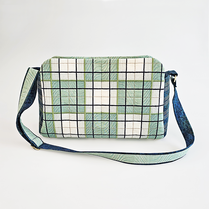 down town tote bag embroidery design green blue long strap