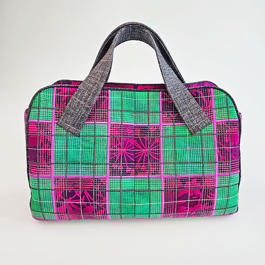 down town tote bag ith design pink and green 2