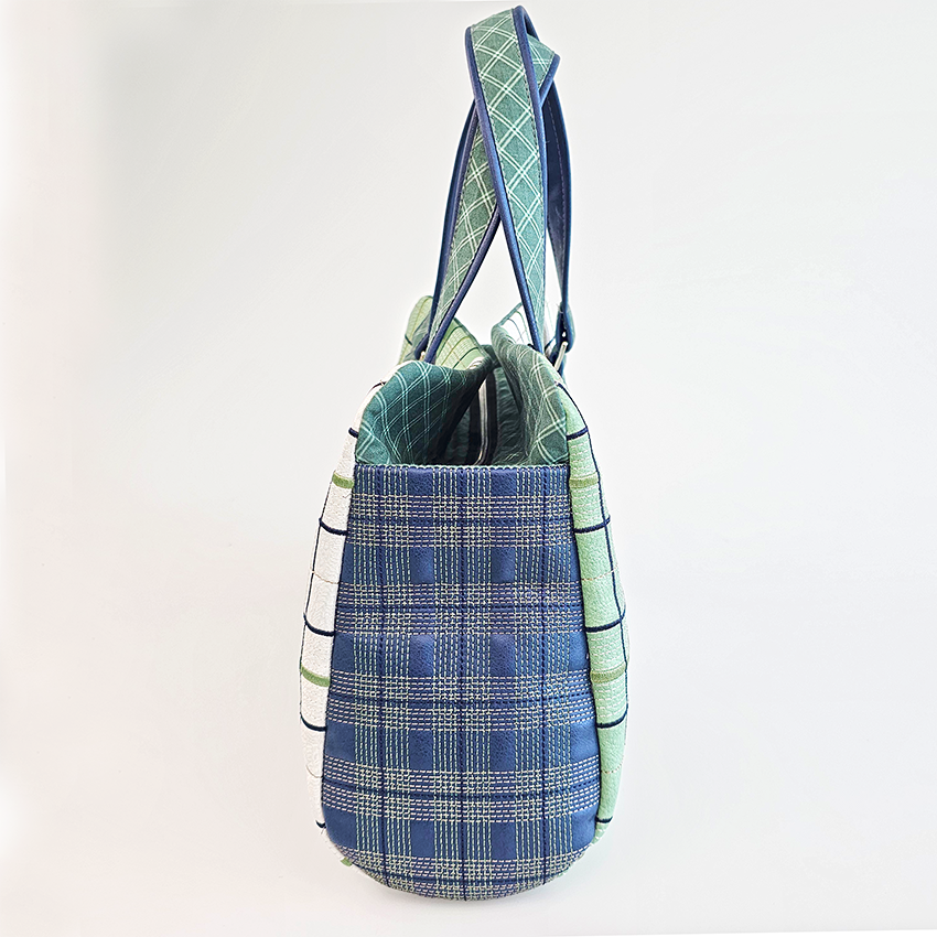 down town tote bag embroidery design green blue long strap side view