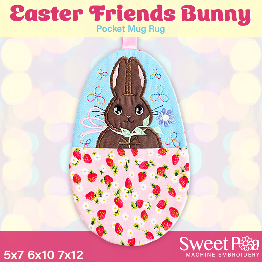 Easter Friends Bunny Pocket Mug Rug In the hoop machine embroidery designs