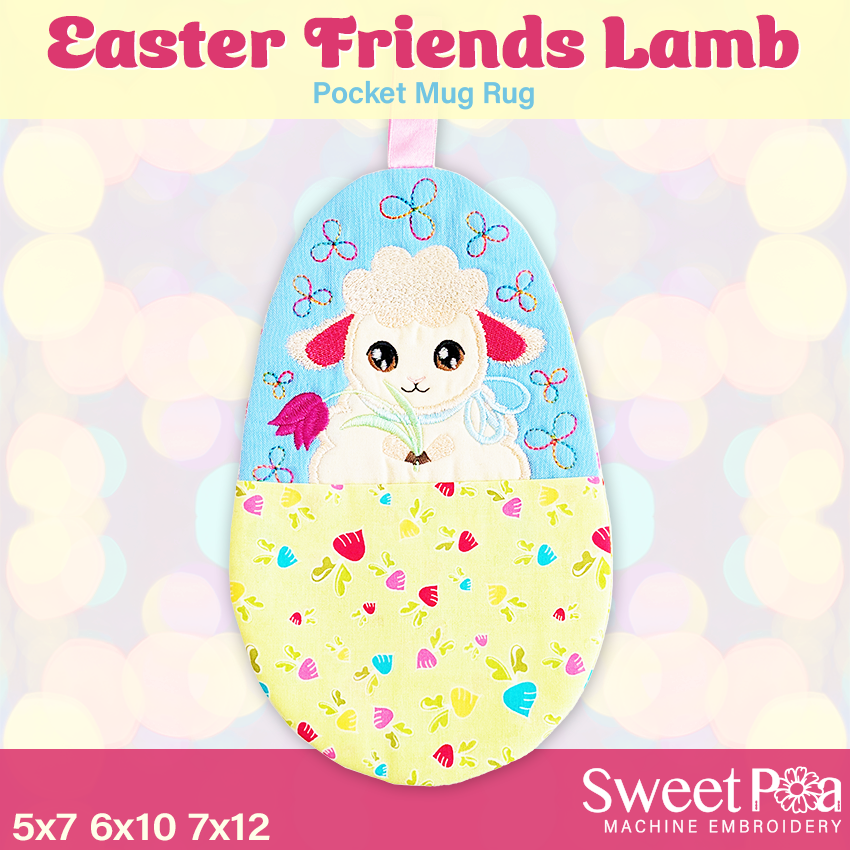 Easter Friends Lamb Pocket Mug Rug In the hoop machine embroidery designs