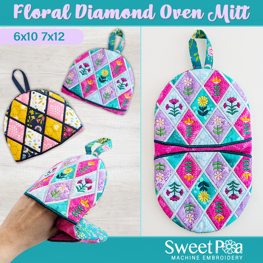 Floral Diamond Oven Mitt 6x10 7x12 ITH Design