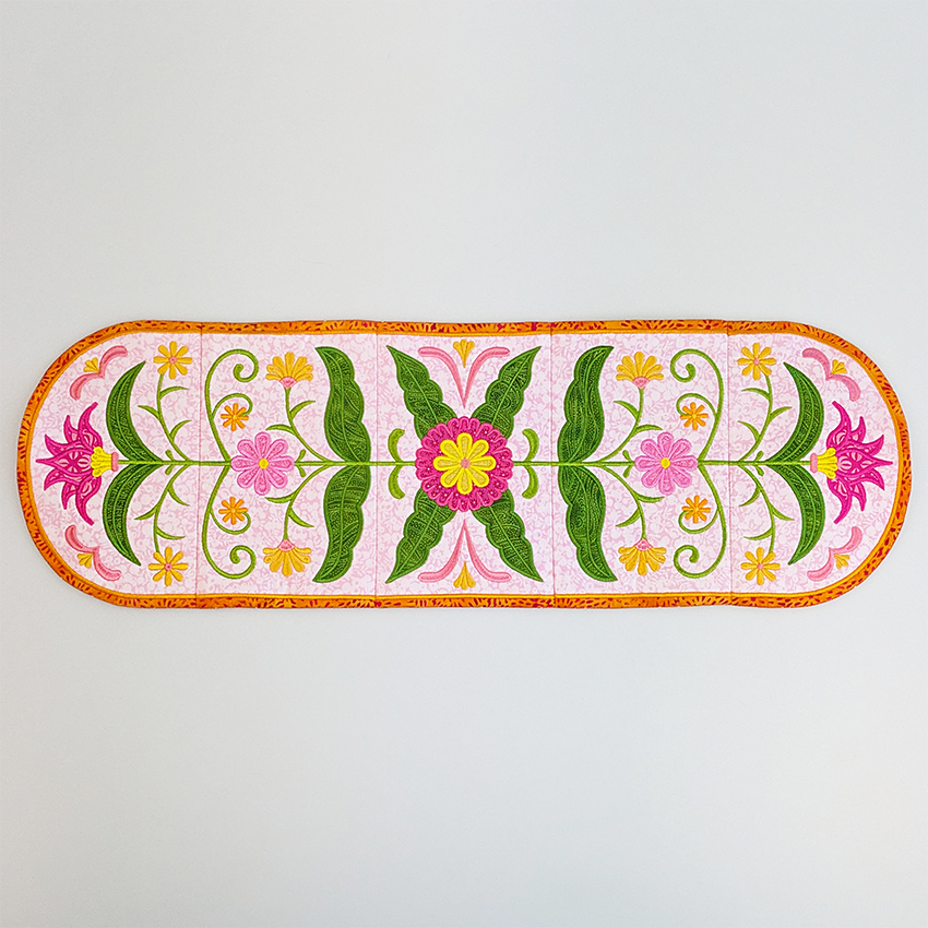 Full view of Sweet Pea ITH floral folk art runner