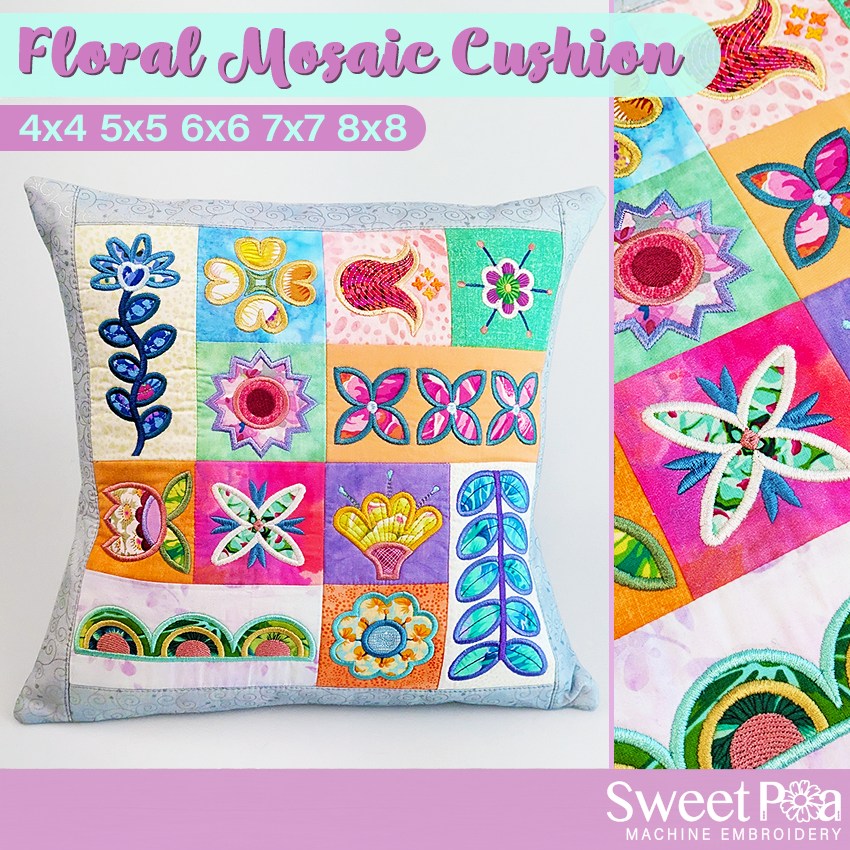 Floral Mosaic Cushion In the hoop machine embroidery designs