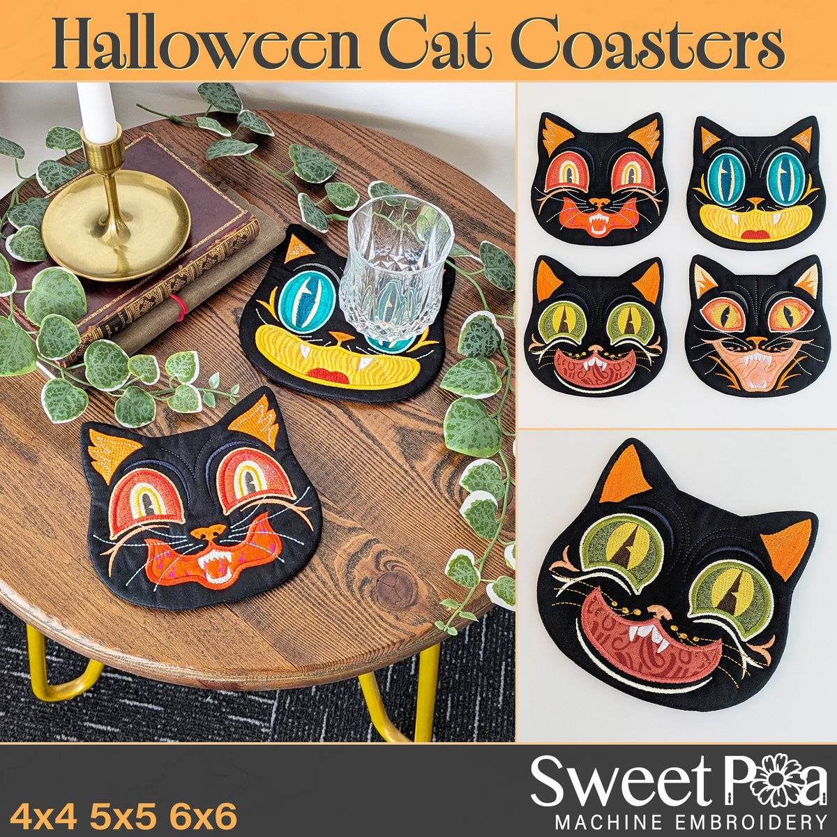 Halloween Cat Coasters In the hoop machine embroidery designs