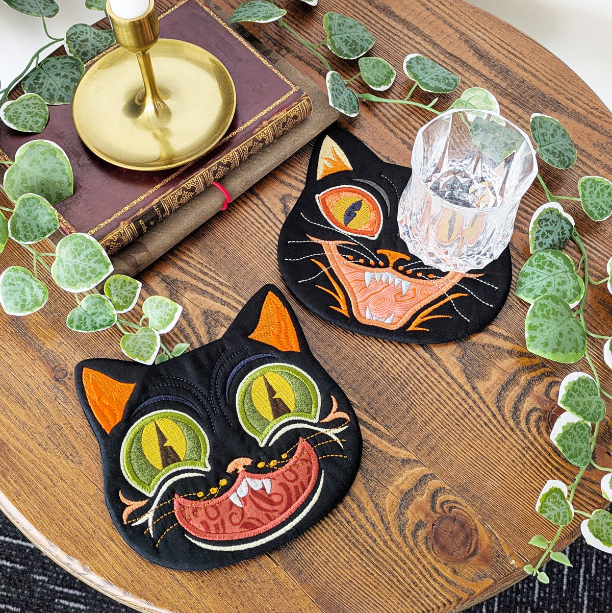 Halloween Cat Coasters In the hoop machine embroidery designs