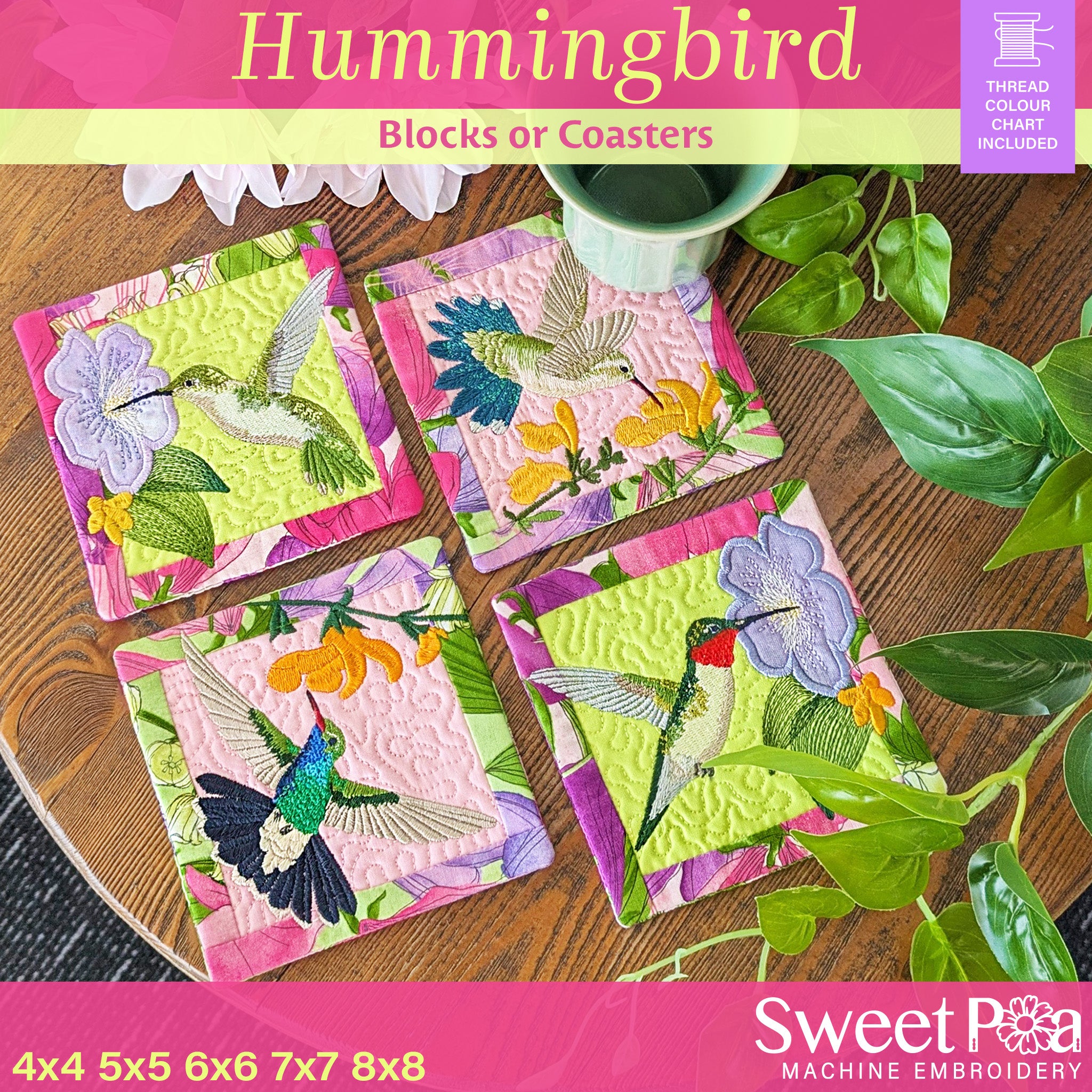 Hummingbird Blocks or Coasters In the hoop machine embroidery designs