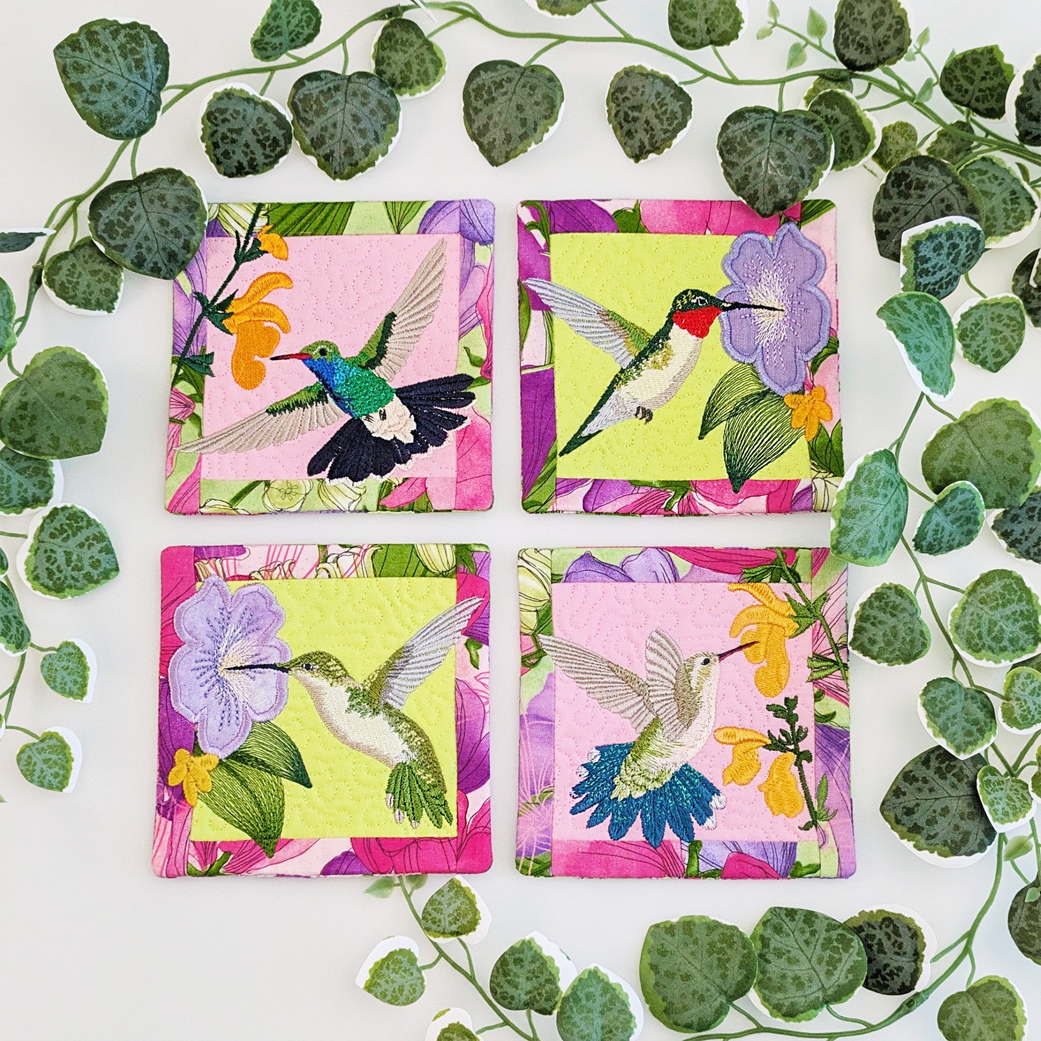 Hummingbird Blocks or Coasters In the hoop machine embroidery designs