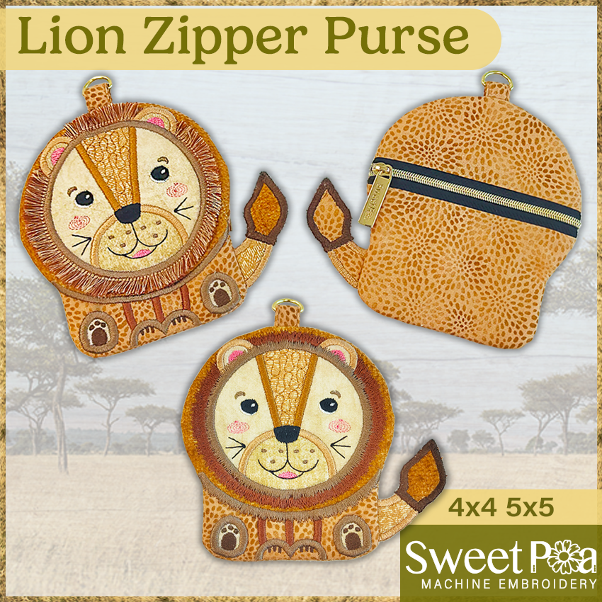 Lion Zipper Purse 4x4 5x5 In The Hoop Design