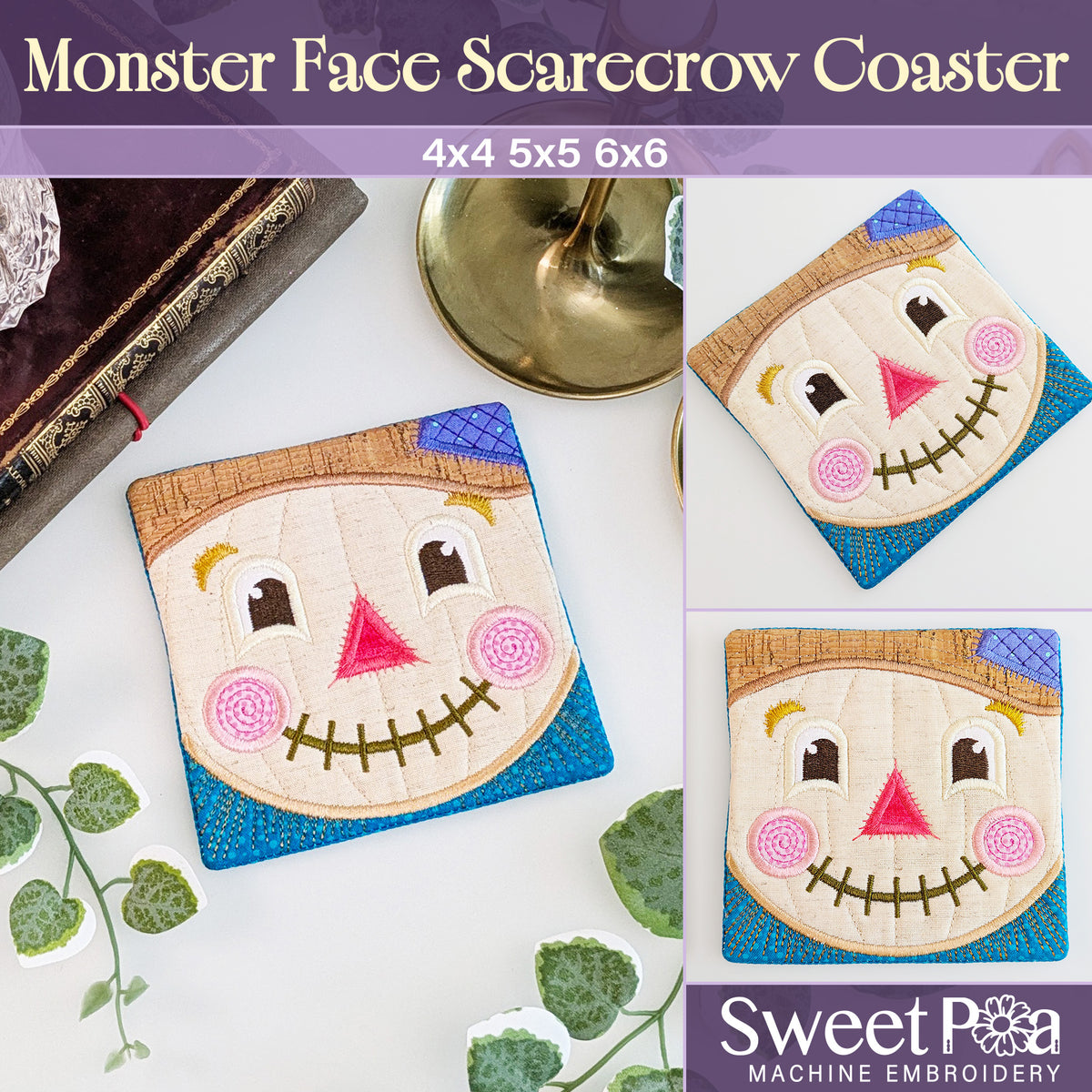 Monster Face Scarecrow Coaster In the hoop machine embroidery designs