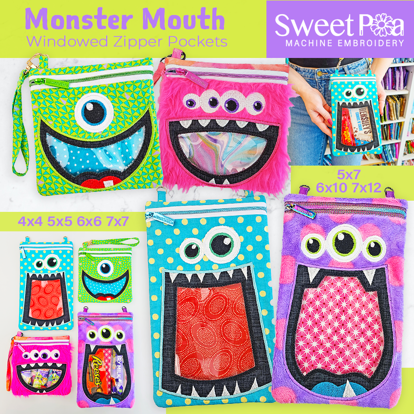 Monster Mouth Windowed Zipper Pockets ITH Design