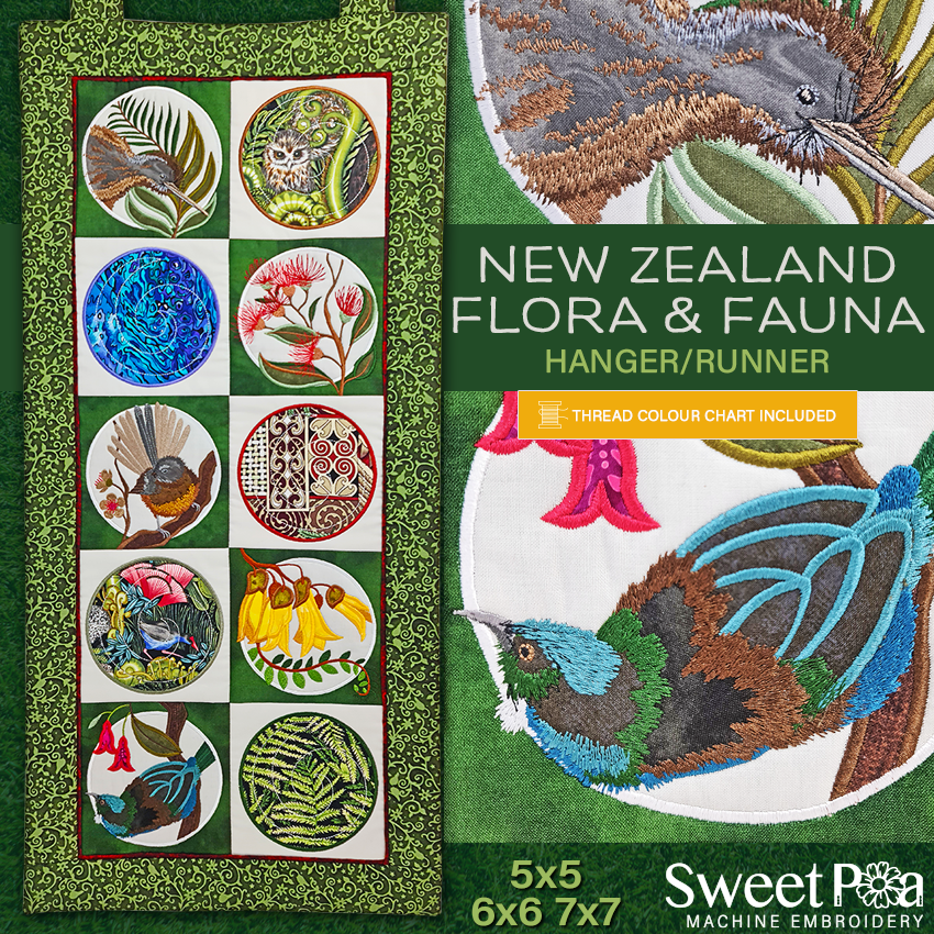 New Zealand Flora & Fauna Runner/Hanger In the hoop machine embroidery designs