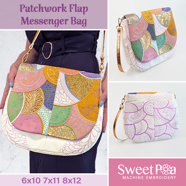 Patchwork Flap Messenger Bag 6x10 7x11 8x12 - Sweet Pea In The Hoop Machine Embroidery Design
