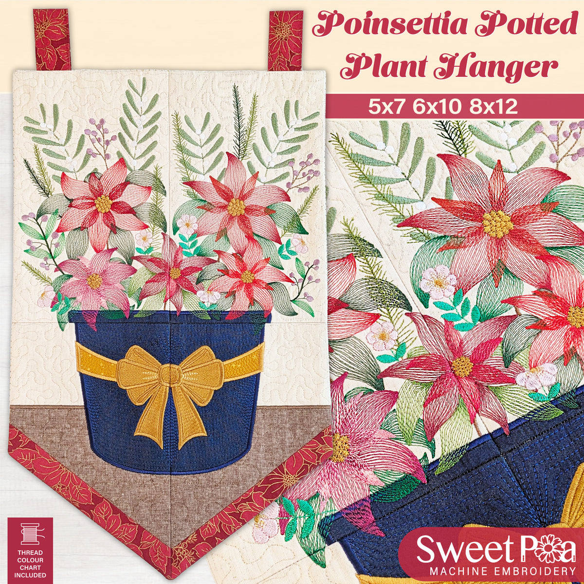 Poinsettia Potted Plant Hanger In the hoop machine embroidery designs